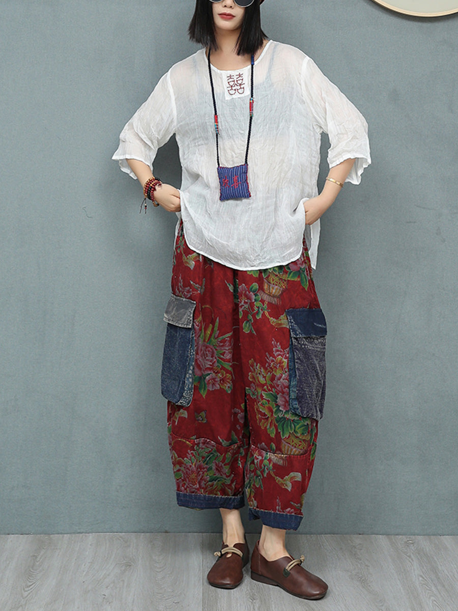 Women Summer Retro Flower Patchwork Harem Pants