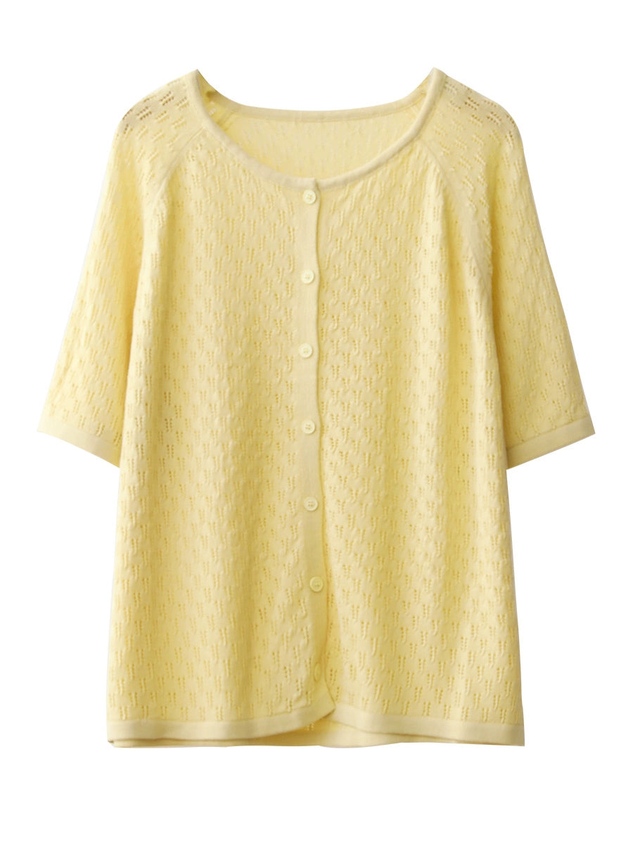 Women Summer Casual Button-up Knitted O-Neck Shirt