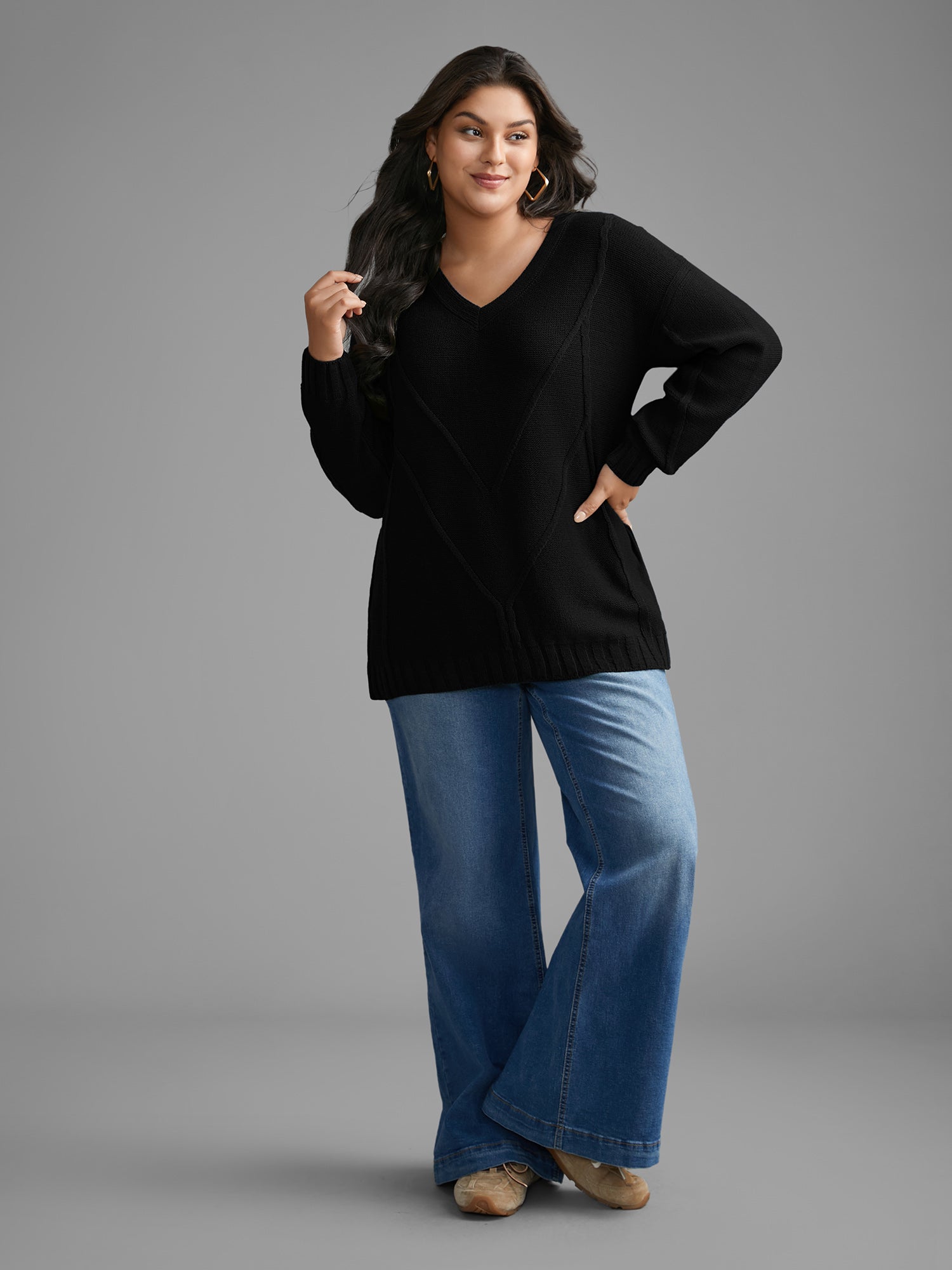 V Neck Cable Knit Texture Pullover