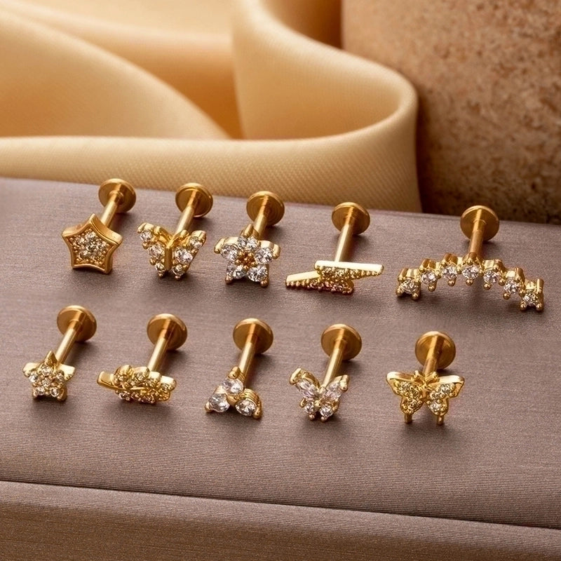 1 Piece Lip Rings Cool Style Pentagram Flower Butterfly 316L Stainless Steel  Copper Plating Inlay Zircon