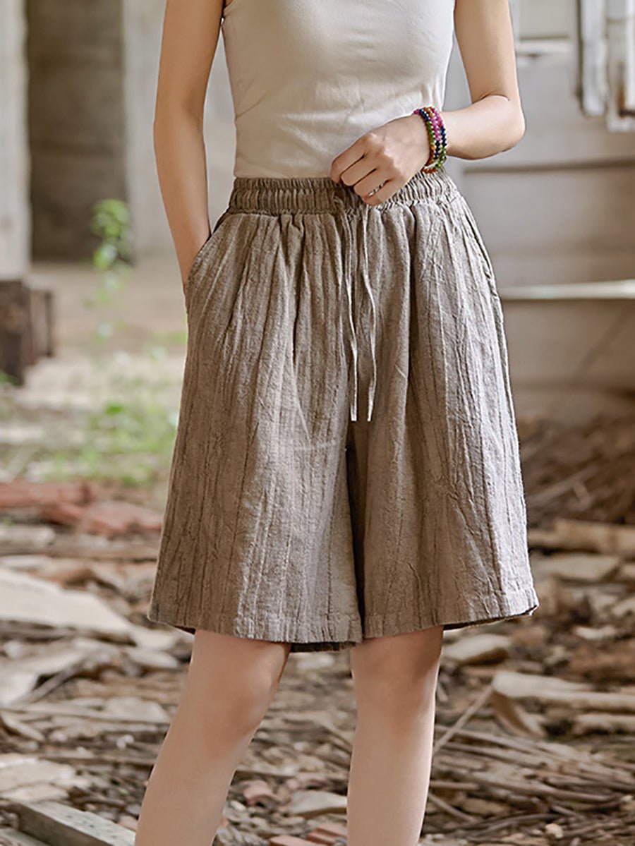 Women Summer Retro Pure Color Ramie Fifth Pants