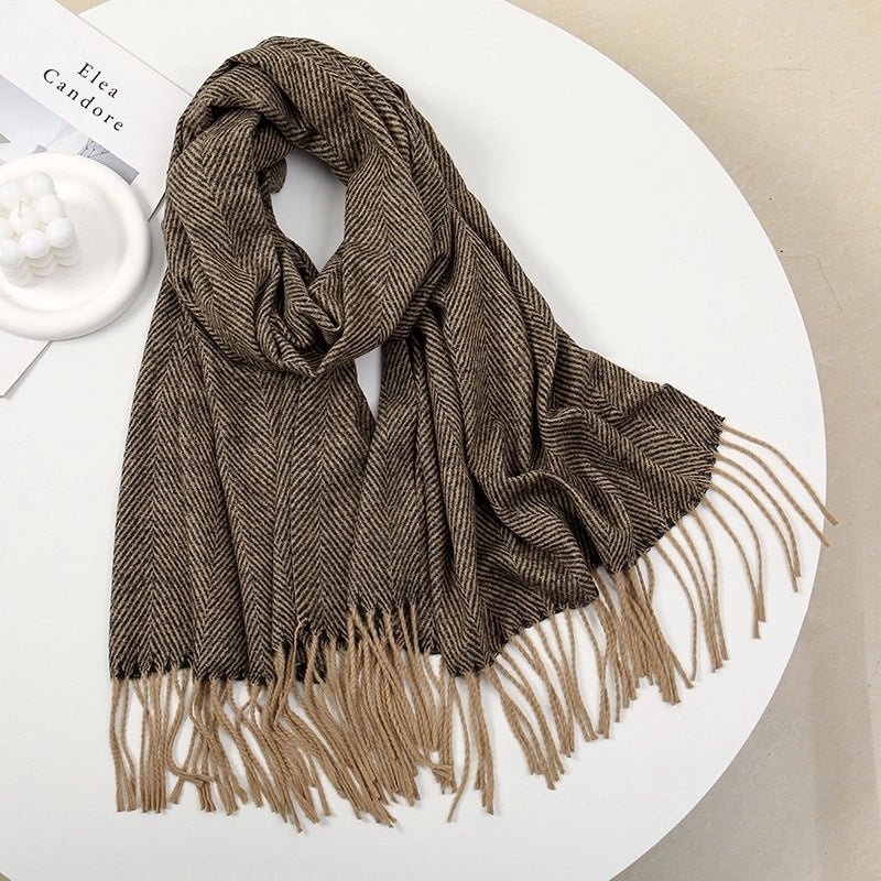 New Autumn And Winter Striped Tassel Artificial Cashmere Scarf Women's Fashion Simple Thick Warm Commuter's All-Matching Shawl