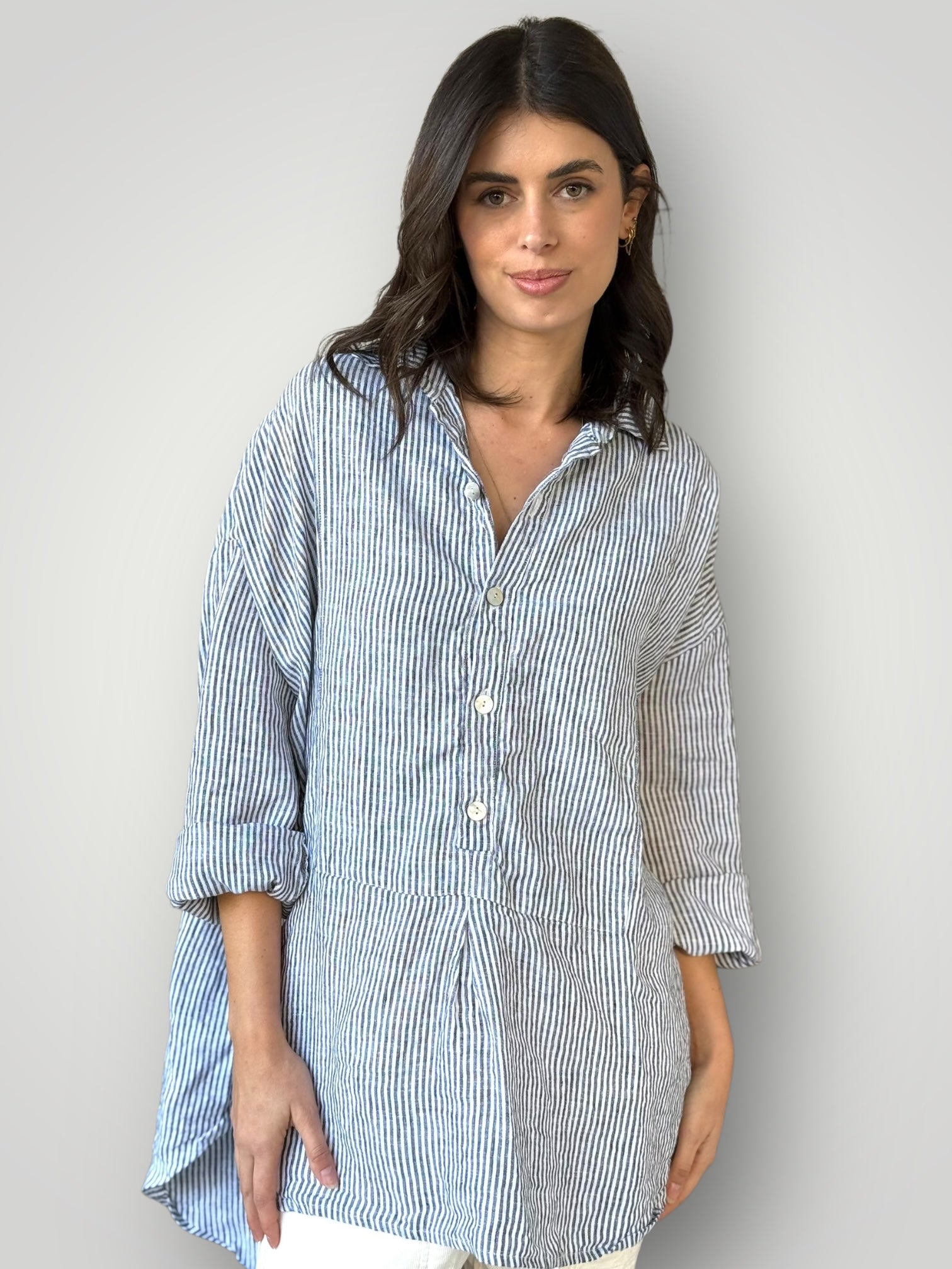 megan shirt -charcoal stripe linen