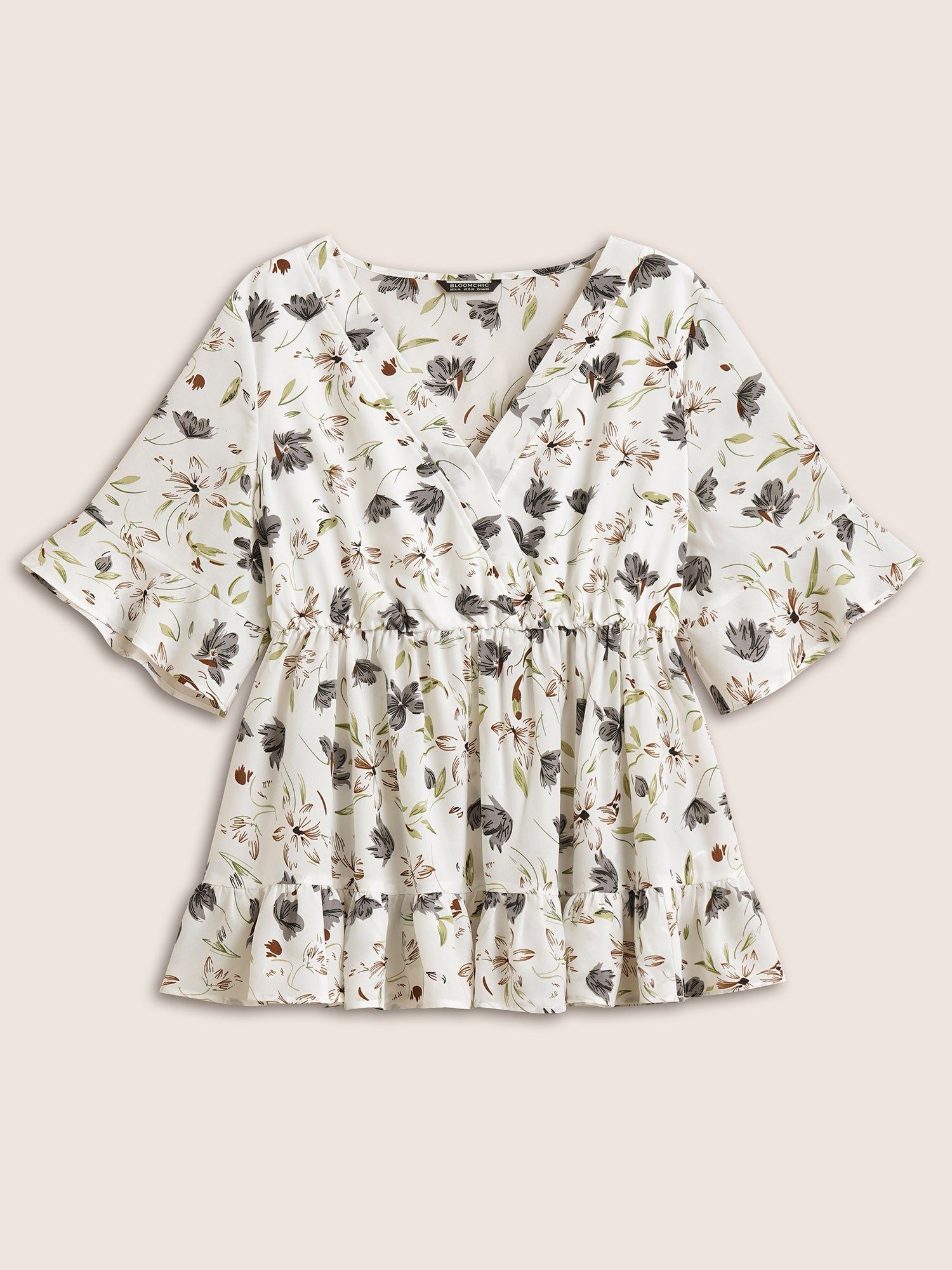 Floral Surplice Neck Ruffles Gathered Blouse