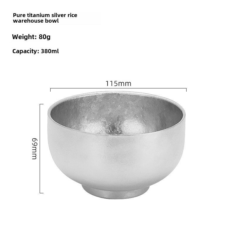 Household Large Double-layer Thickened Pure Titanium Bowl High-end Restaurant Pure Titanium Rice Bowl Tableware Outdoor Insulated Titanium Alloy Round Bowl