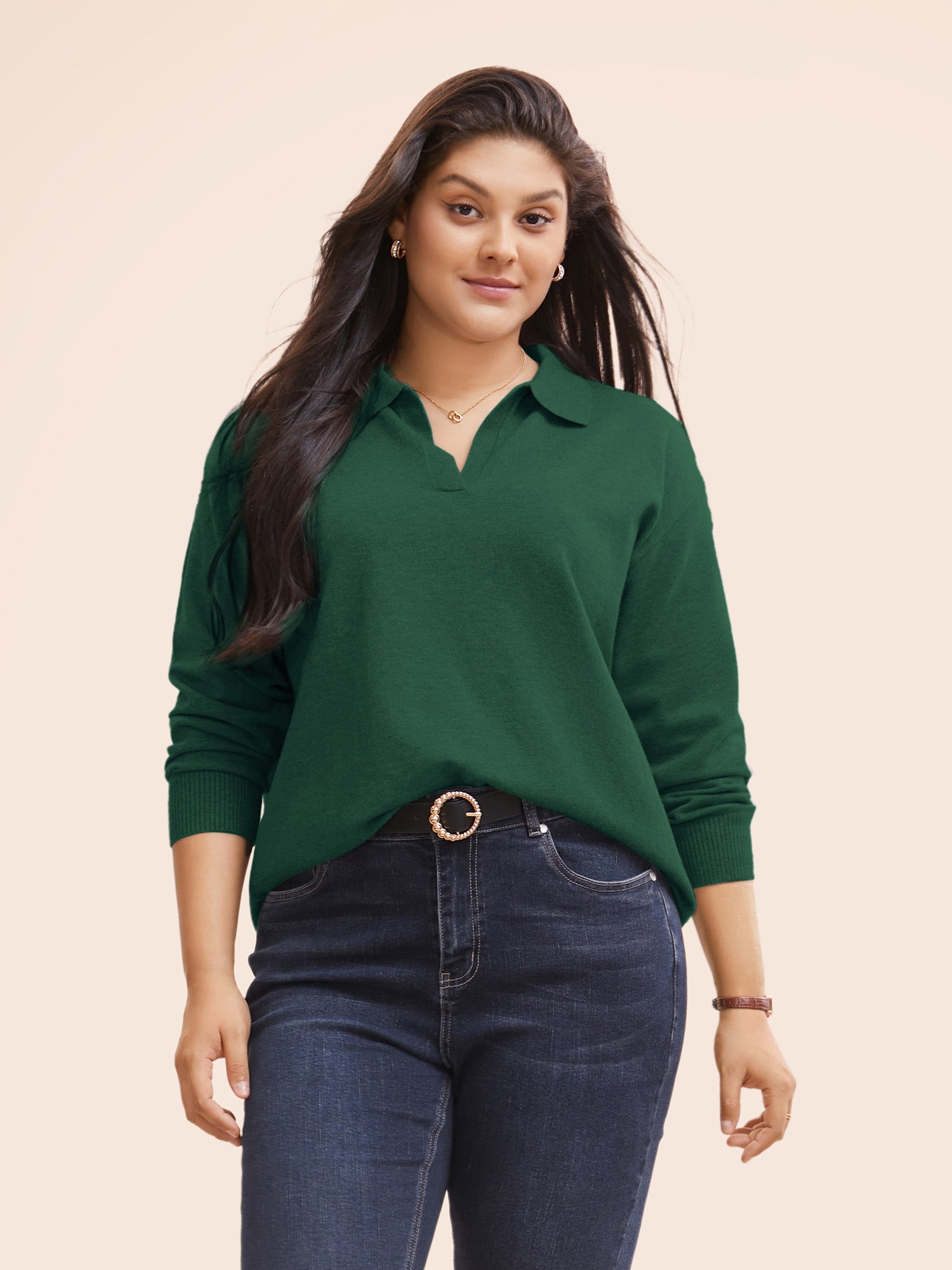 Polo Neck Drop Shoulder Sleeve Soft Pullover