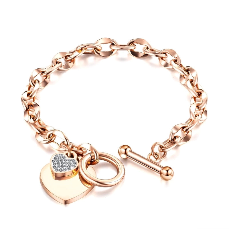 Luxurious Classic Style Shiny Heart Shape Titanium Steel 18K Gold Plated Artificial Rhinestones Bracelets In Bulk