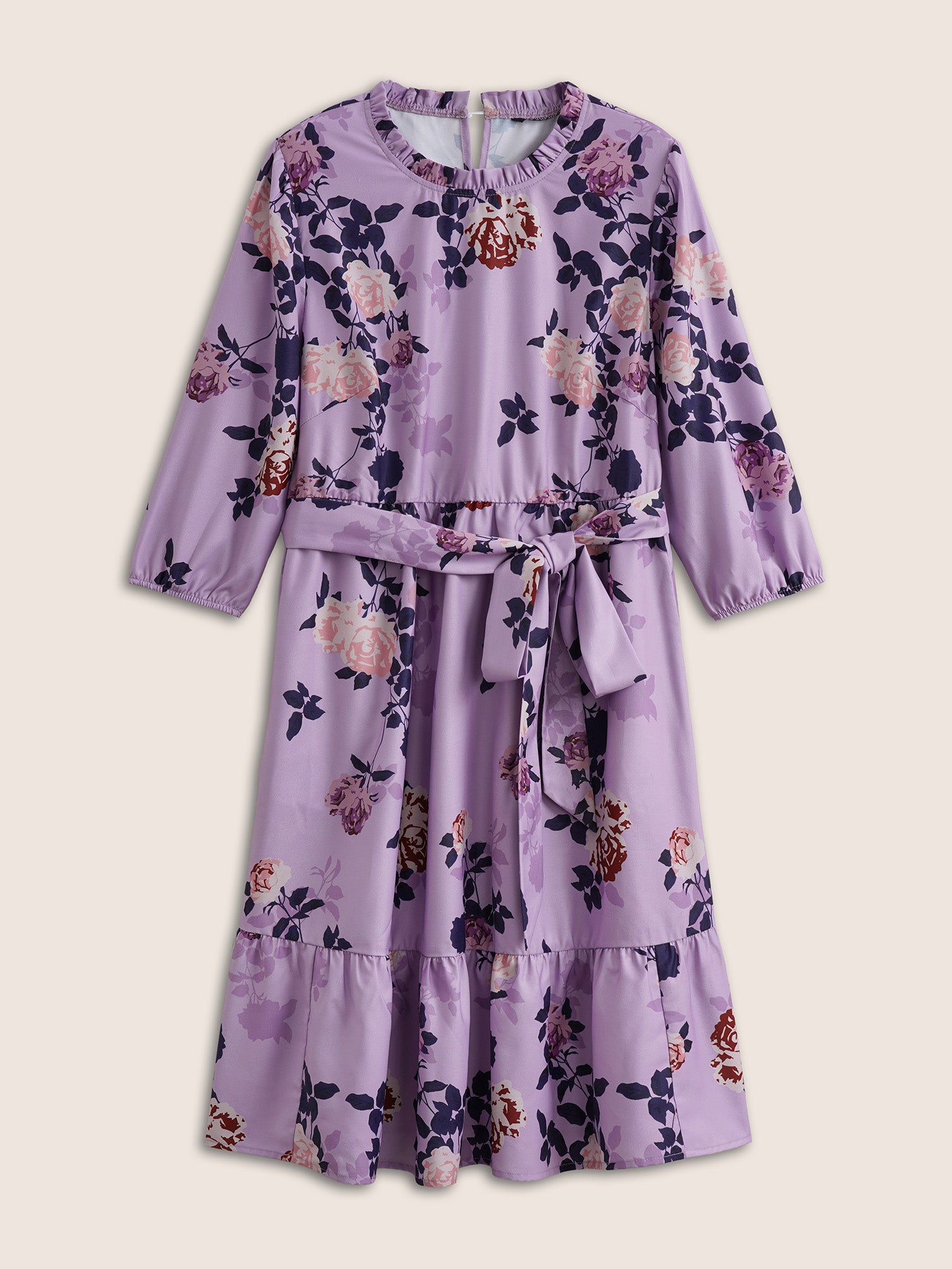 Floral Print Belted Pocket Frill Trim Dress