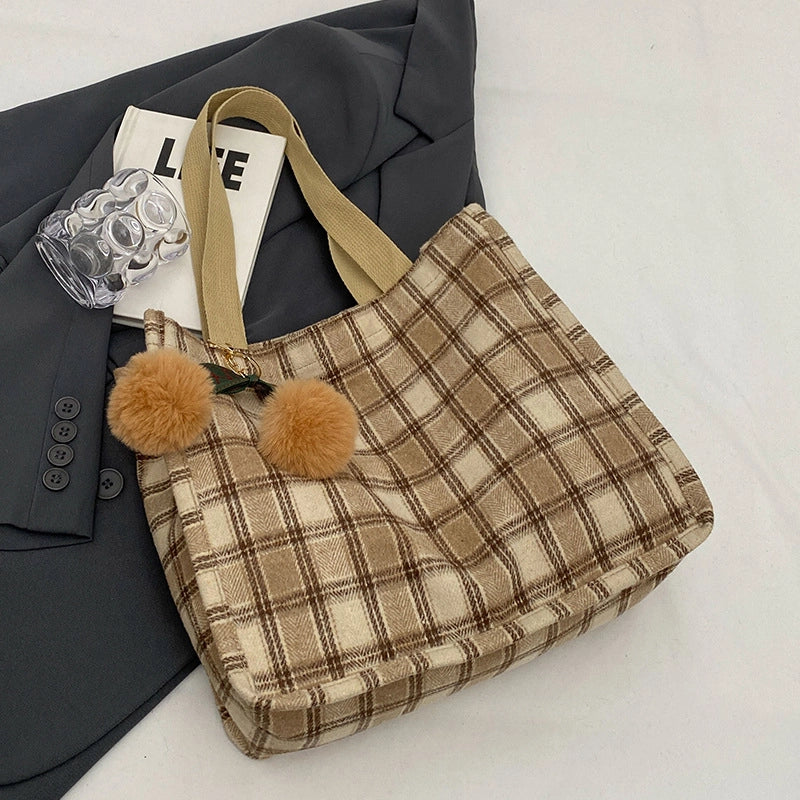 Women's Large Woolen Lattice Elegant Streetwear Square Open Tote Bag