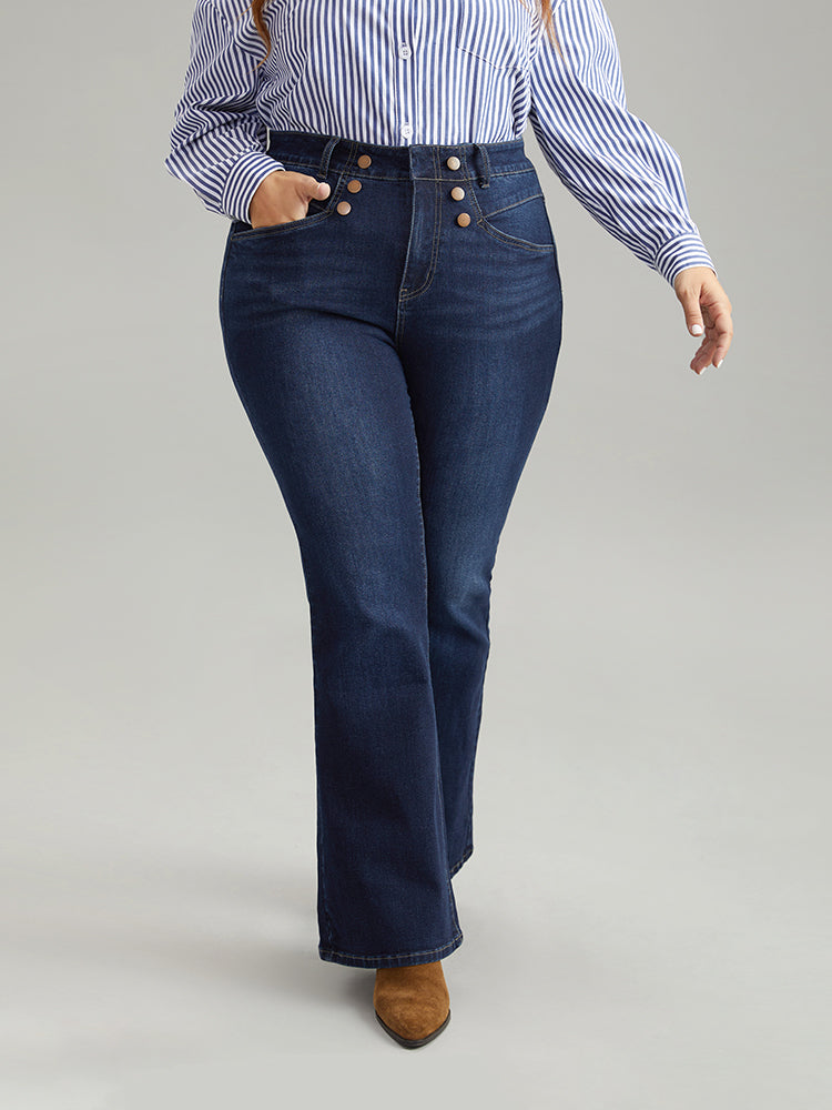 Flare Leg Button Detail High Rise Jeans