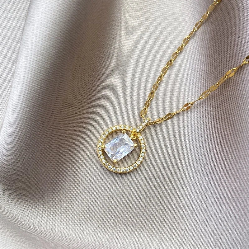 Vintage Style Geometric Stainless Steel Plating Inlay Zircon Pendant Necklace