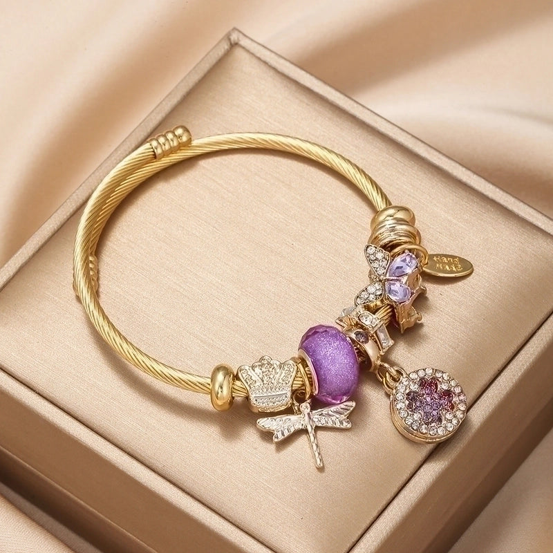 Dragonfly Stainless Steel Plating Artificial Gemstones Bangle 1 Piece