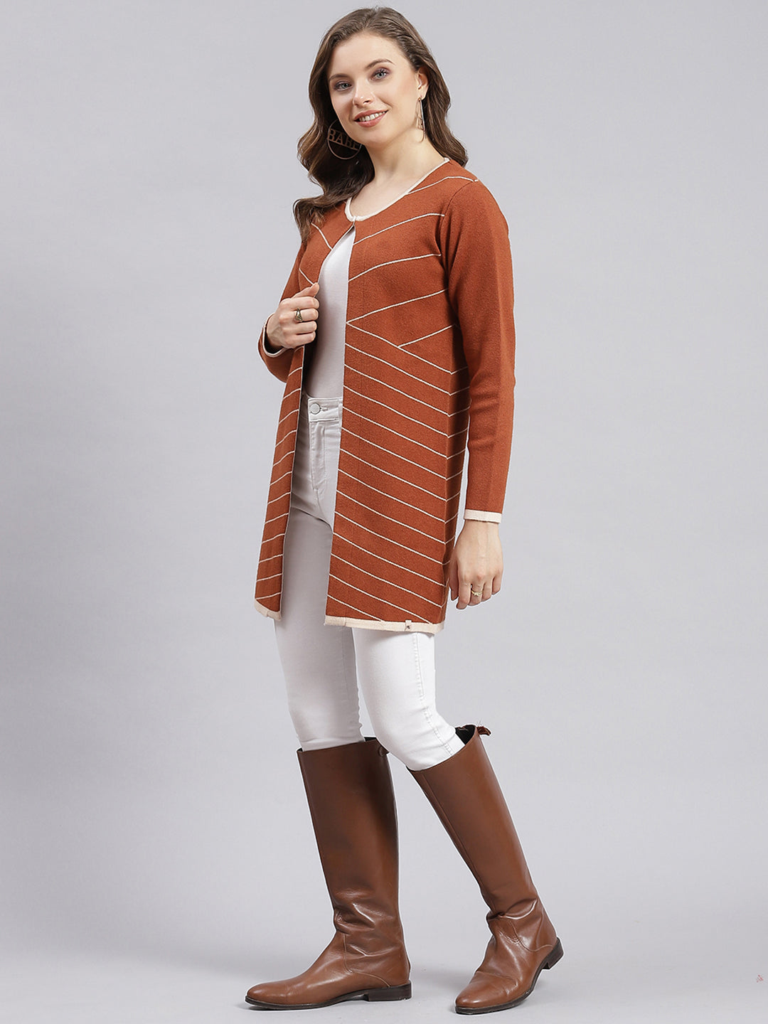 Women Beige Stripe Wool blend Cardigan