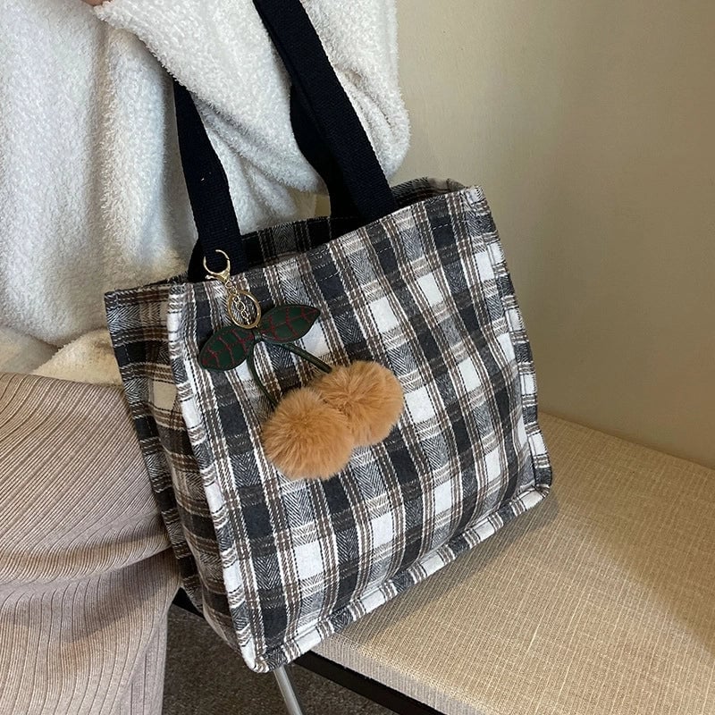 Women's Large Woolen Lattice Elegant Streetwear Square Open Tote Bag