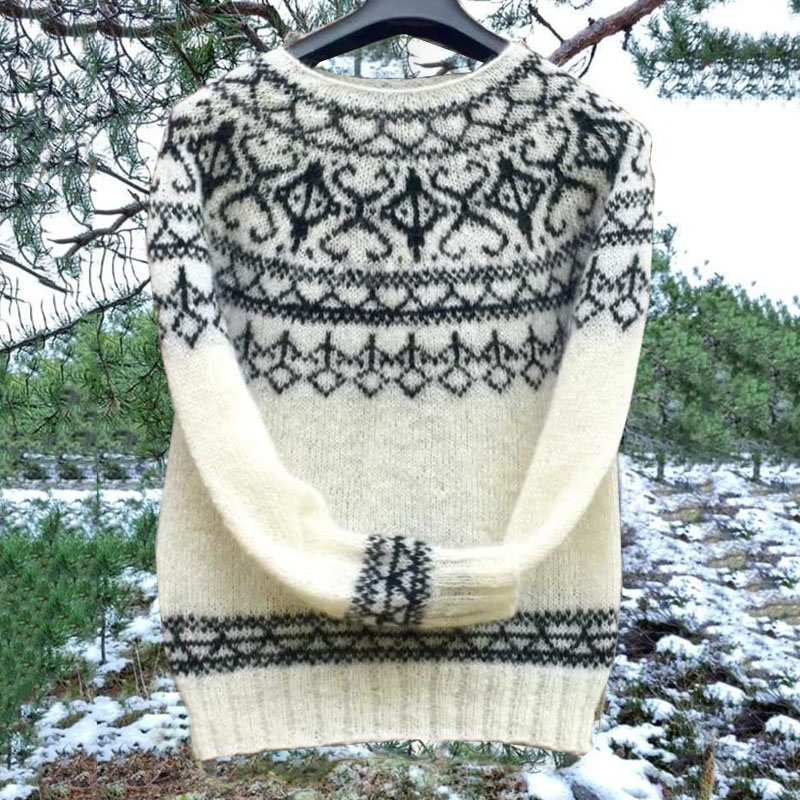 Vintage Icelandic Knit Jacquard Crew Neck Sweater (Unisex)