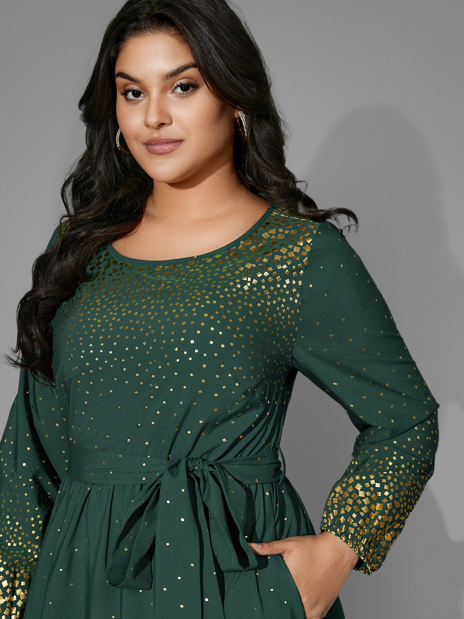 Glitter Round Neck Belted Lantern Sleeve Dress