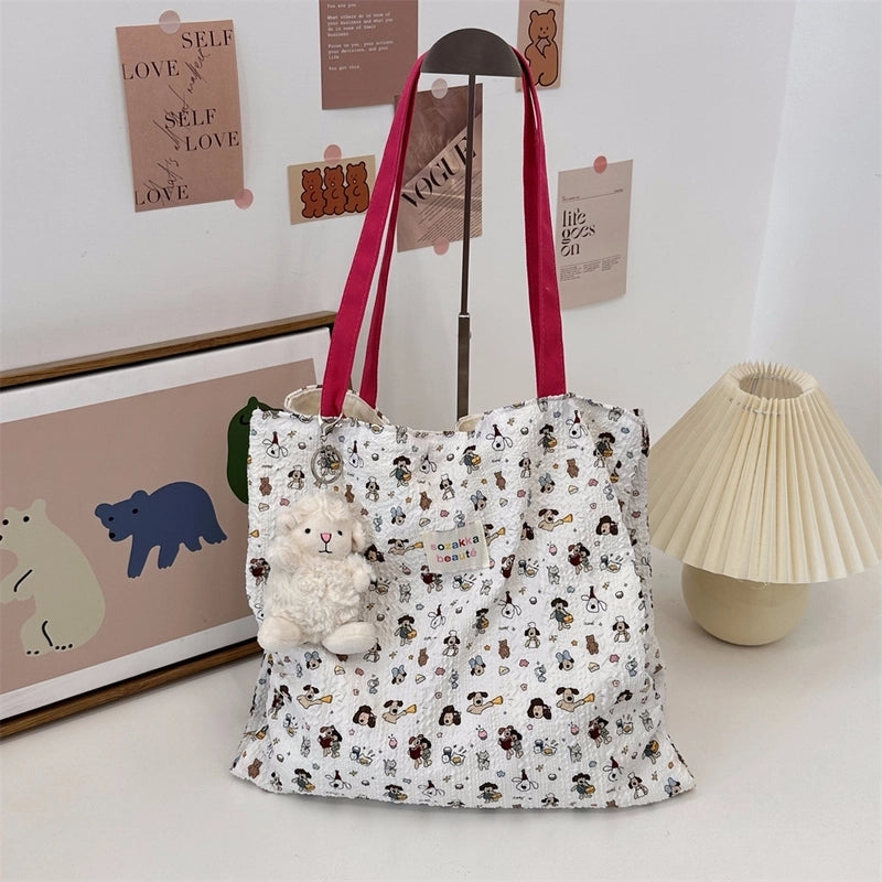 4431 Cute Sweet Printed Puppy Double Layer Canvas Bag Summer New Large Capacity Casual Portable Shoulder Bag