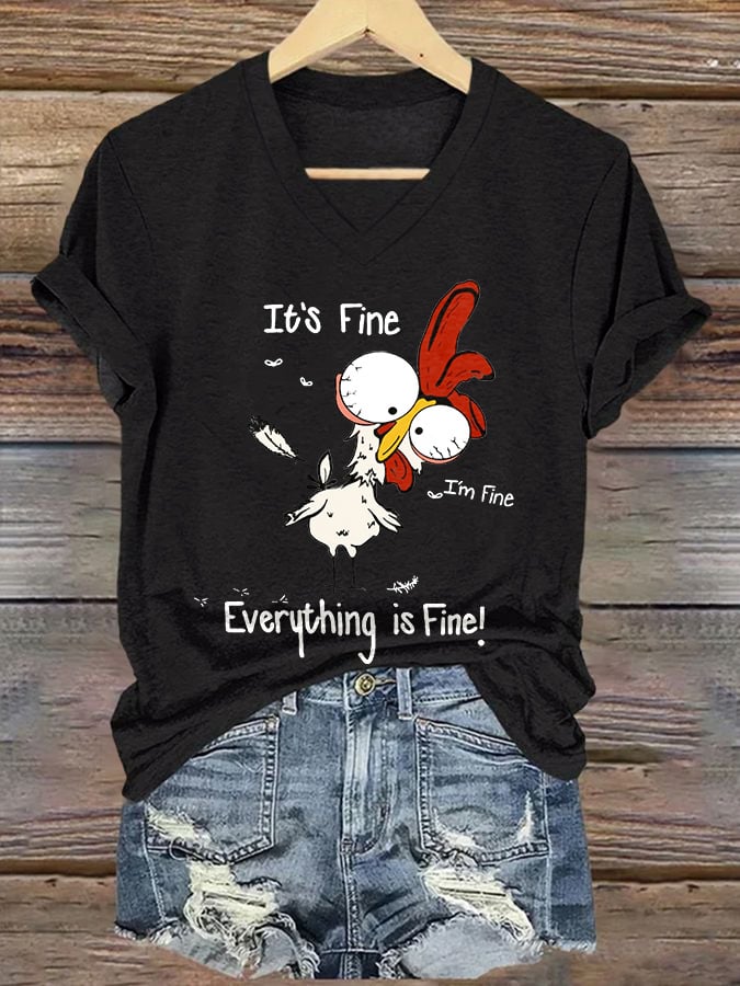 Women'S It'S Fine Everything Is Fine! Printed V-Neck T-Shirt