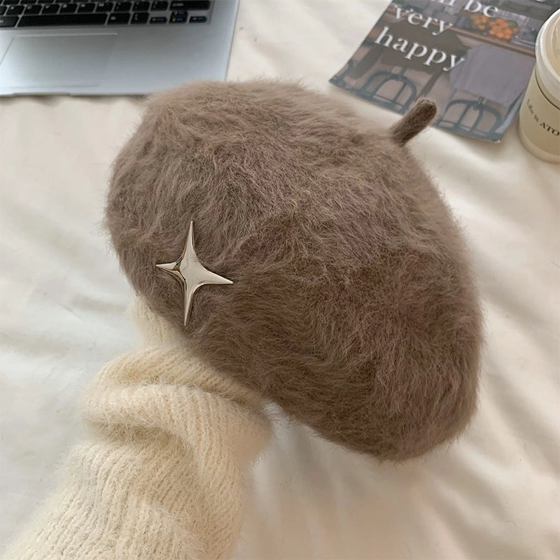 New White Plush Rabbit Fur Anti-wear Beret For Women New Autumn And Winter Face-looking Small Forward Hat Painter Hat