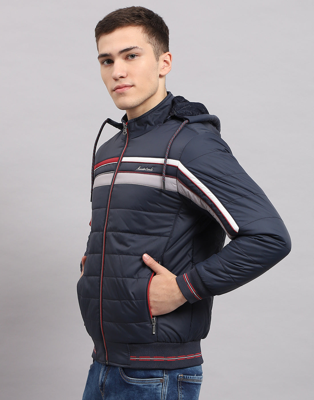 Men Navy Blue Solid Hooded Full Sleeve Jacket