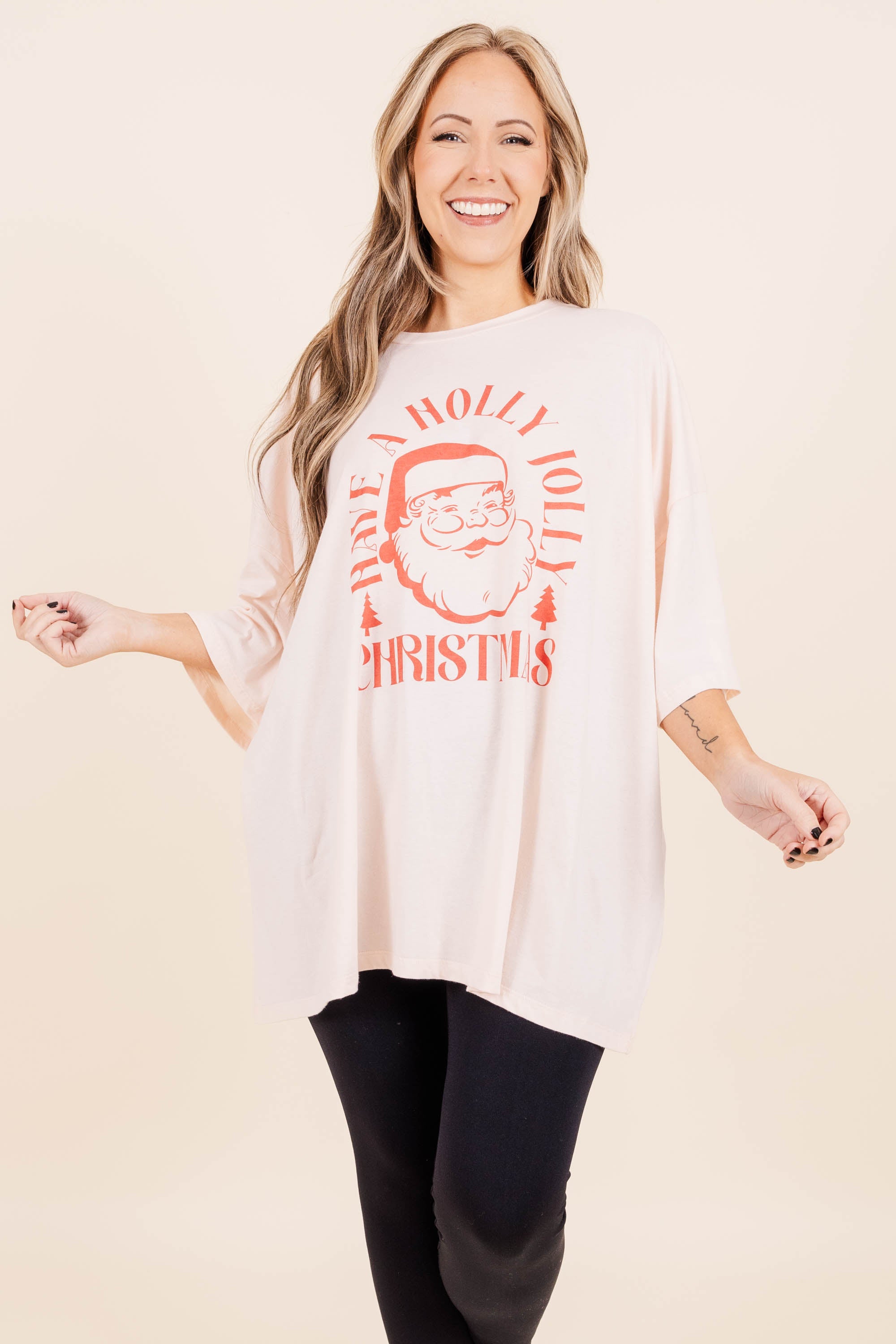 Have A Holly Jolly Christmas Boyfriend Tee. Cream Pink