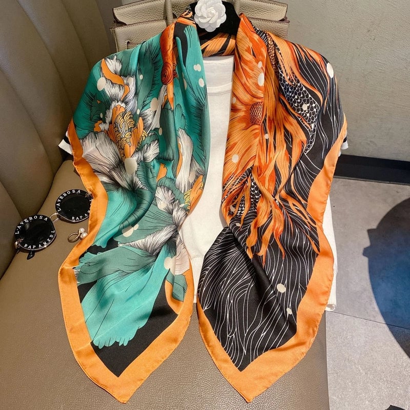 Women's IG Style Elegant Stripe Flower Chains Print Satin Printing Silk Scarf