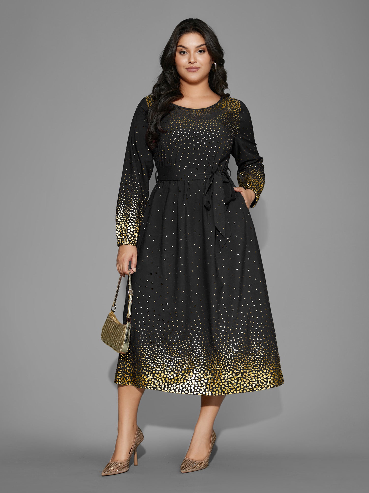 Glitter Round Neck Belted Lantern Sleeve Dress