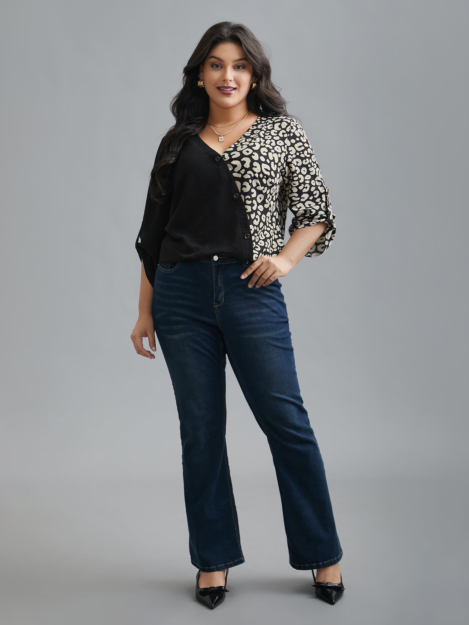 Leopard Print Spliced Tab Sleeve Blouse