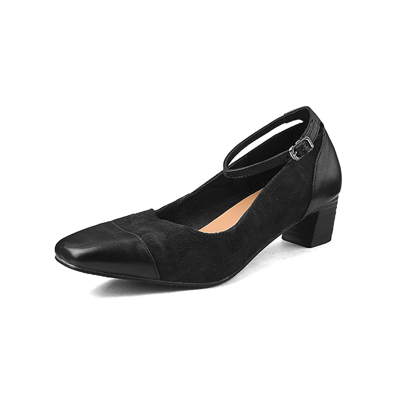 Elegant Washed Horsehide 45mm Block Heel Suede Mary Jane Shoes in Black/Red