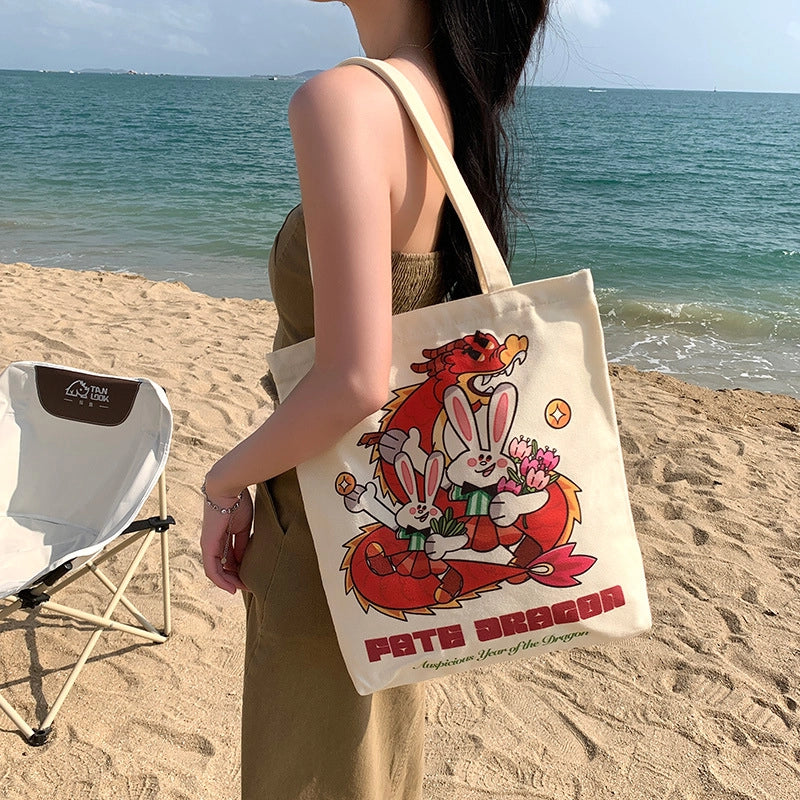 Women's Medium Canvas Cartoon Cute Square Zipper Shoulder Bag