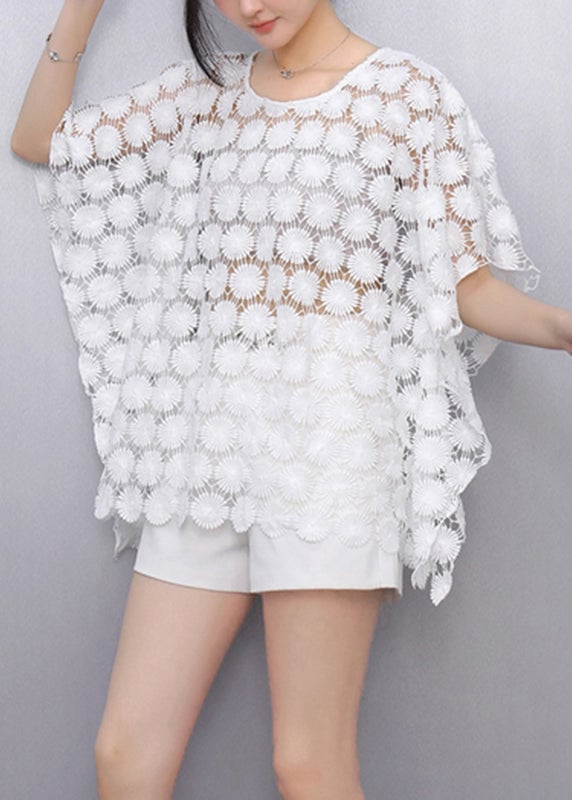 Bohemian White O-Neck Hollow Out Lace T Shirt Summer