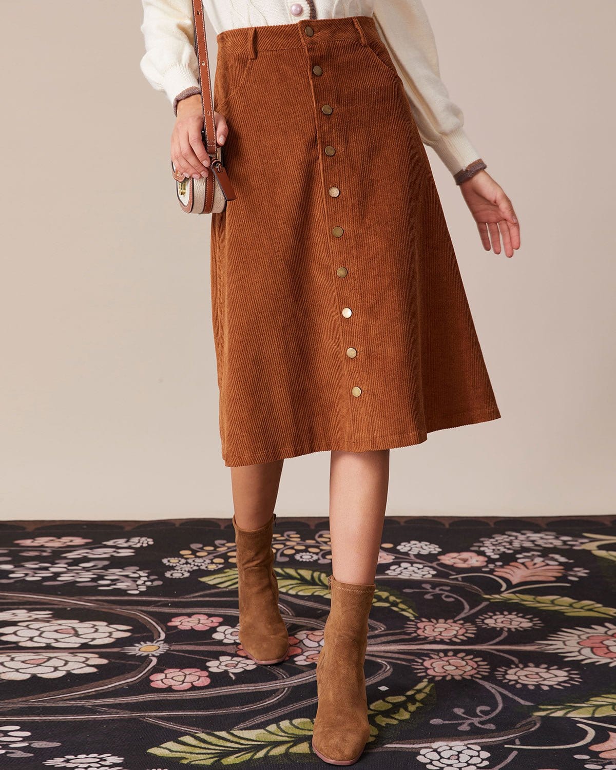 The Brown Button-Front Corduroy Midi Skirt