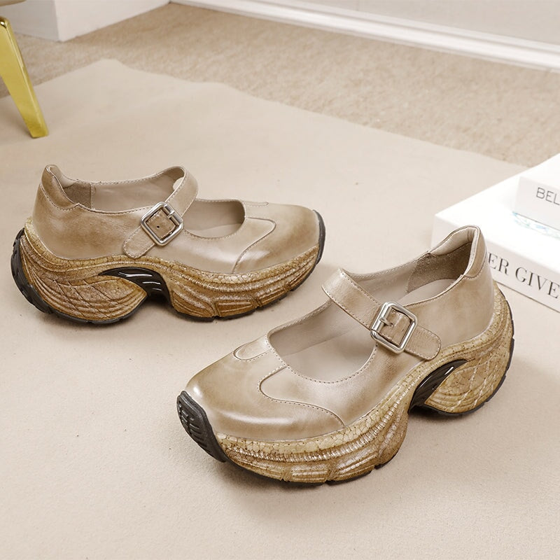 Chunky Platform Water Washed Cow Leather Mary Jane Shoes with Buckle Strap in Light Grey/Pink Purple