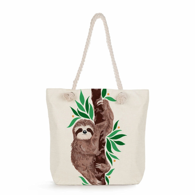 Women's Cotton And Linen Sloth Cute Square Zipper Tote Bag