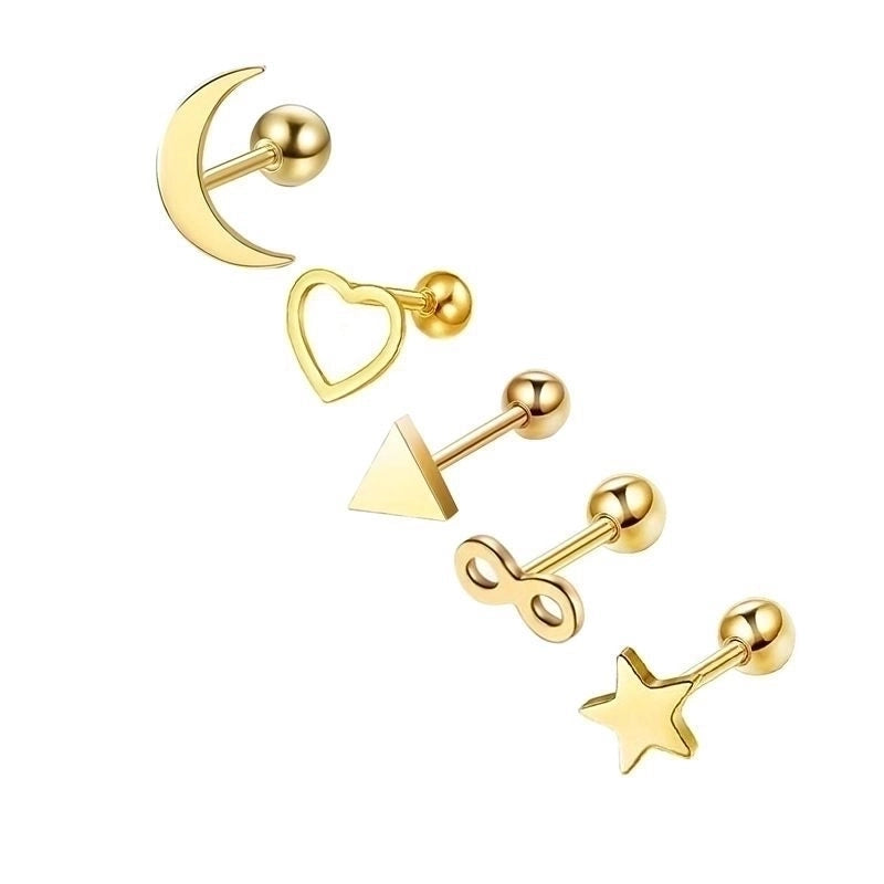 Minimalist Heart Shape Stainless Steel Plating Zircon Ear Studs 5 Piece Set