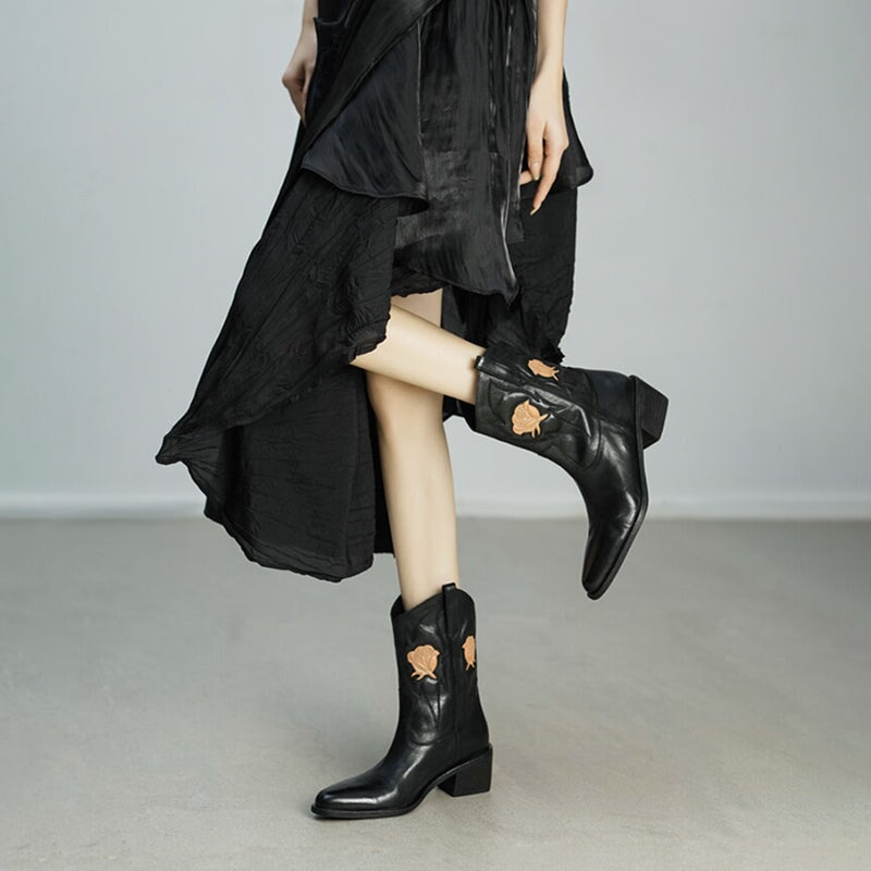 Flower Embroidery Cowboy Ankle Boots for Women Handmade Genuine Leather in Black - WESTERN BOOTS
