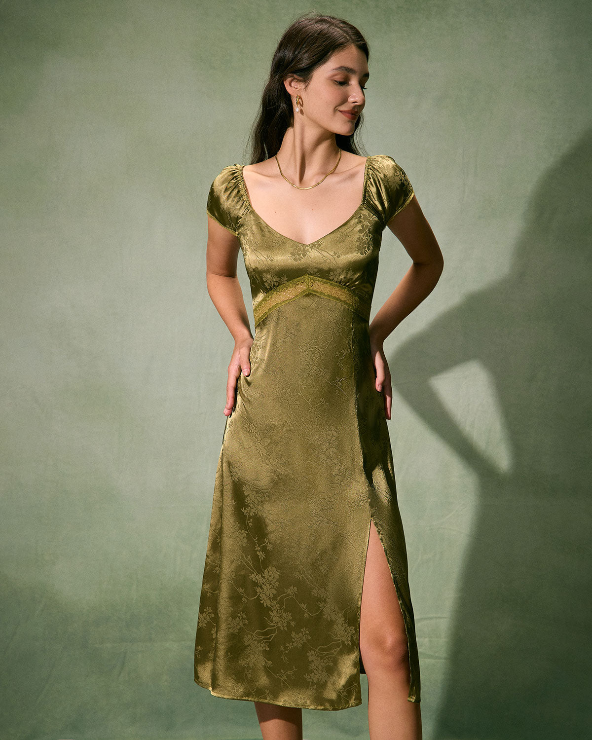 The Green Satin Jacquard Side Split Midi Dress