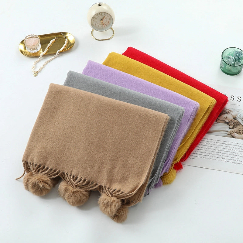 Cashmere Wool Scarf Women's Autumn And Winter High-grade Solid Color Ball Scarf Shawl Fur Ball Imitation Cashmere Scarf