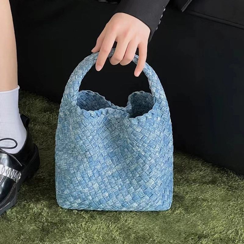 Women's Denim Solid Color Classic Style Weave Bucket Open Shoulder Bag