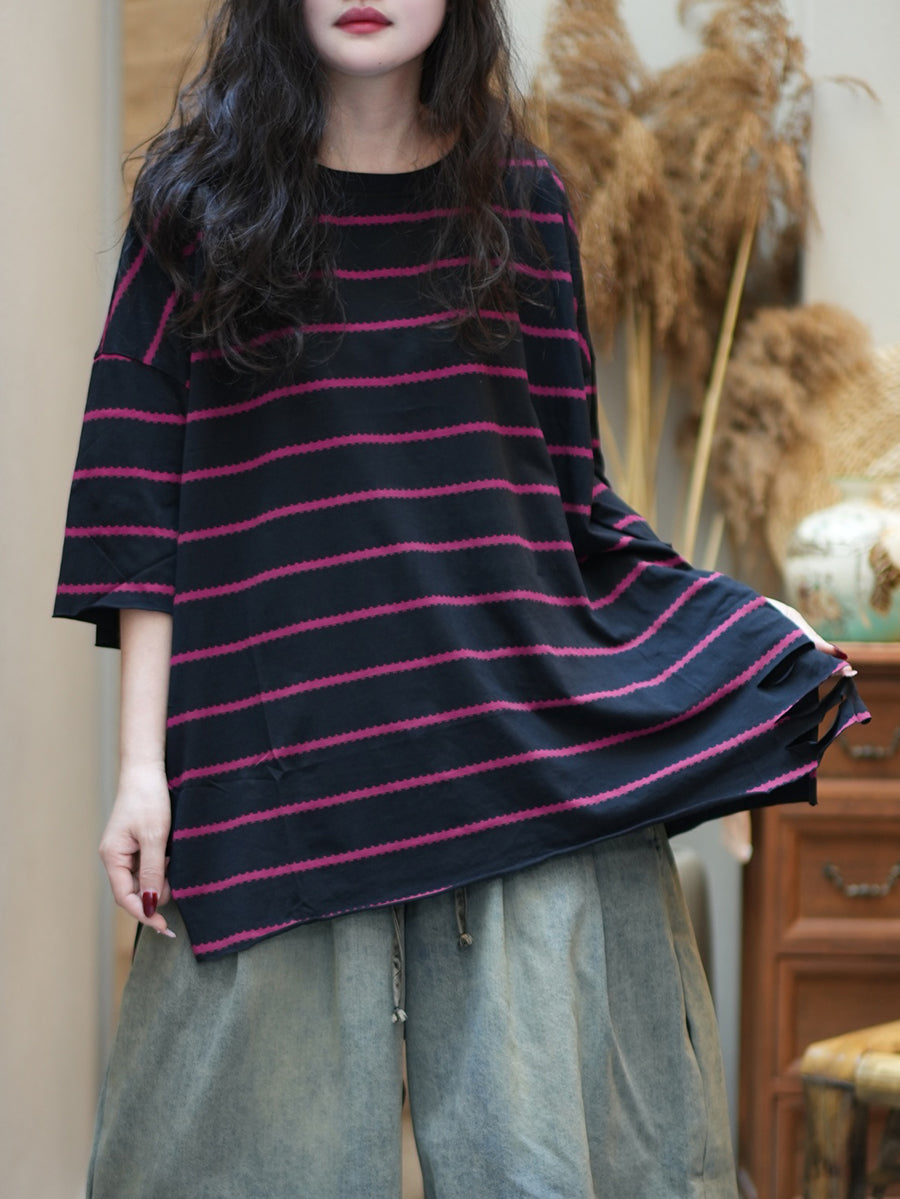 Women Summer Casual Stripe Cotton O-Neck Shirt