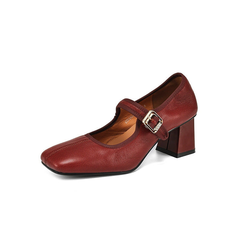 Vintage Sheepskin Square Toe 60mm Block Heel Mary Jane in Black/Wine Red