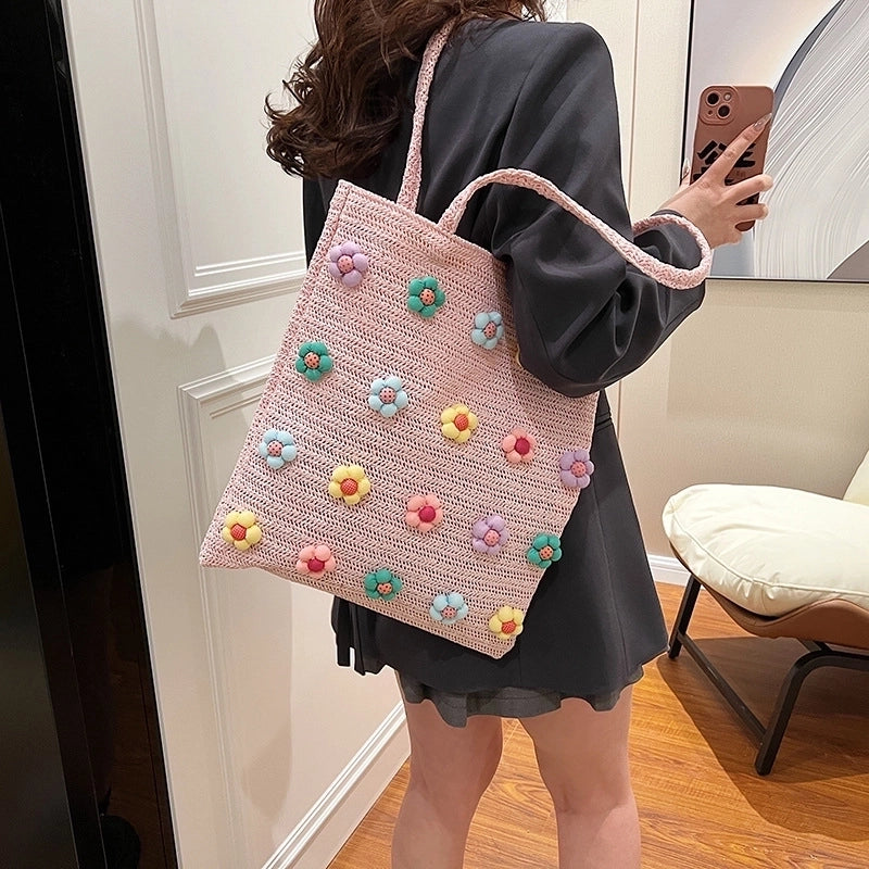 Women's Medium Straw Flower Vintage Style Classic Style Weave Square Open Shoulder Bag