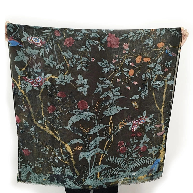 New 60 Satin Flower And Bird Printed Scarf 2 Colors Optional Women's Spring And Autumn Scarf