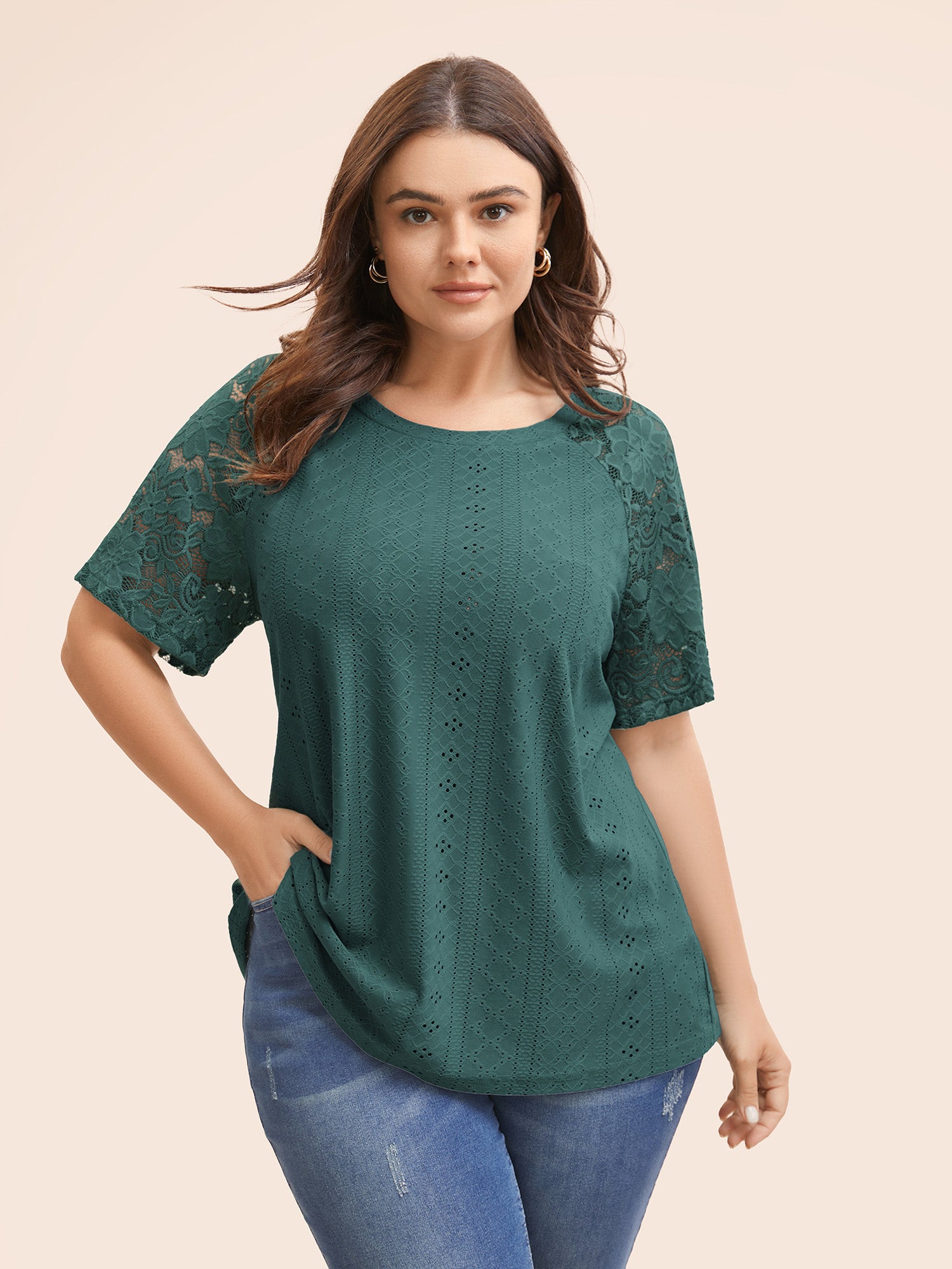 Solid Broderie Anglaise Lace Raglan Sleeve T-shirt