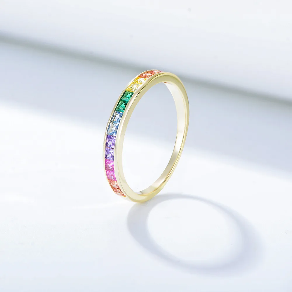 fine jewelry rings 925 sterling silver square rainbow colorful zircon diamond gold plated rings for women couple ring