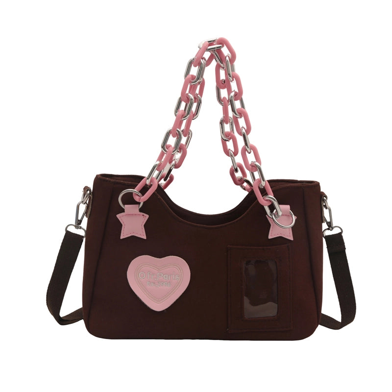 3 Pieces Women'S Canvas Letter Color Block Heart Shape Streetwear Chain Square Zipper Shoulder Bag Crossbody Bag