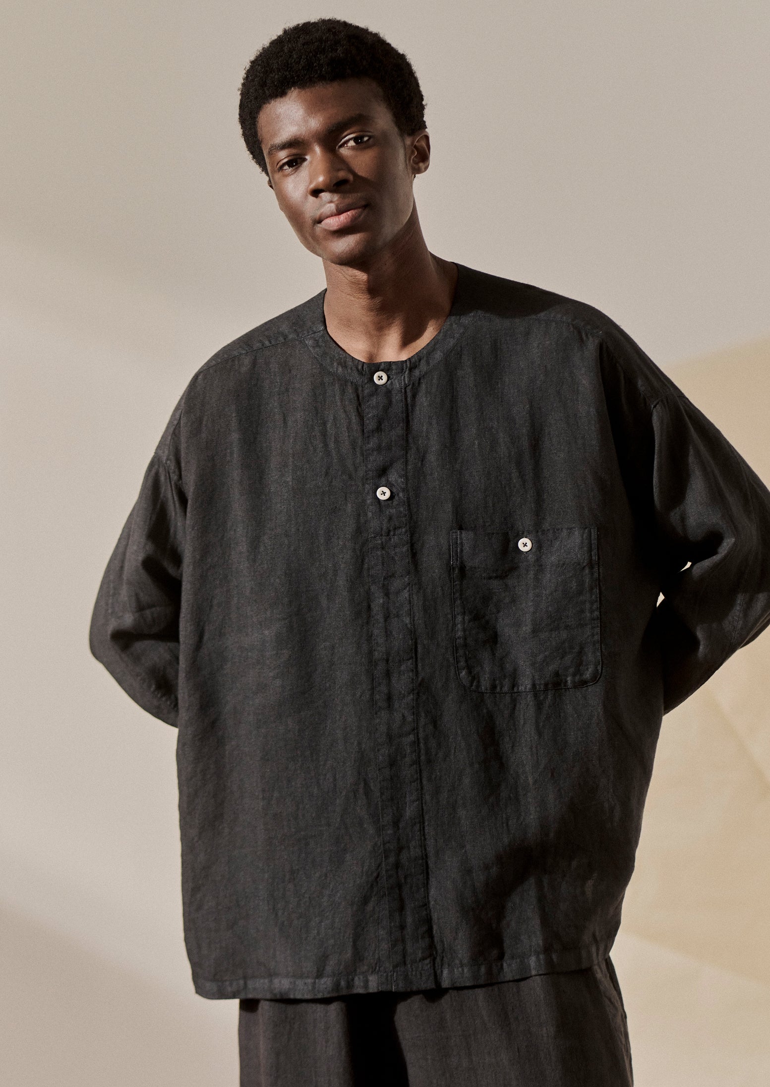Garment Dyed Linen Collarless Shirt | Black Pepper
