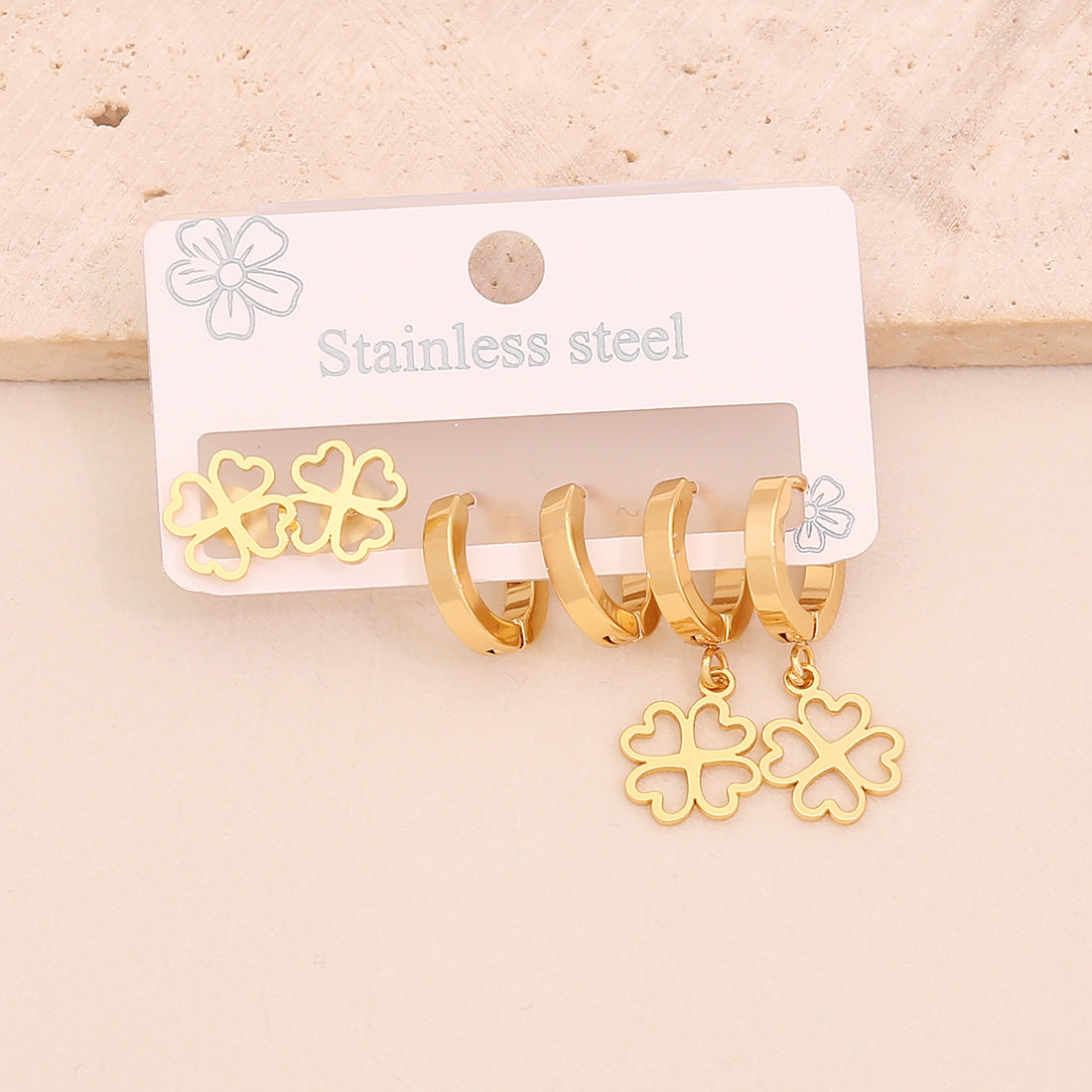 3 Pairs Of Love Butterfly Stainless Steel Earrings Set Flower Crown Earrings E612