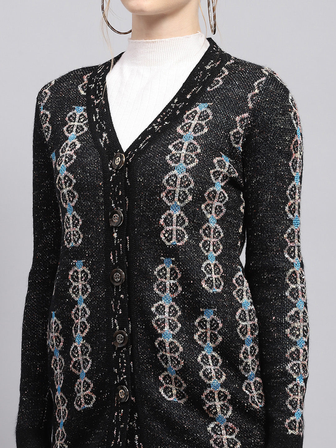 Women Black Self Design V Neck Full Sleeve Cardigan