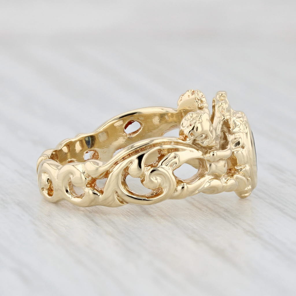 0.41ct Blue Sapphire Teardrop Ring 18k Yellow Gold Size 7 Heraldic Cherubs